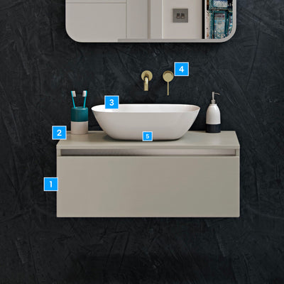 Crambeck - Modern Wall Hung Units, Washbowl, Copper Tap and Mirror Pack - Matt Latte