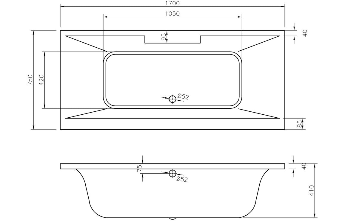 Marley Deluxe Square Double Ended 1700x750x550mm 0TH Bath w/Legs