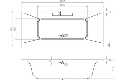 Marley Deluxe Square Double Ended 1700x750x550mm 0TH Bath w/Legs