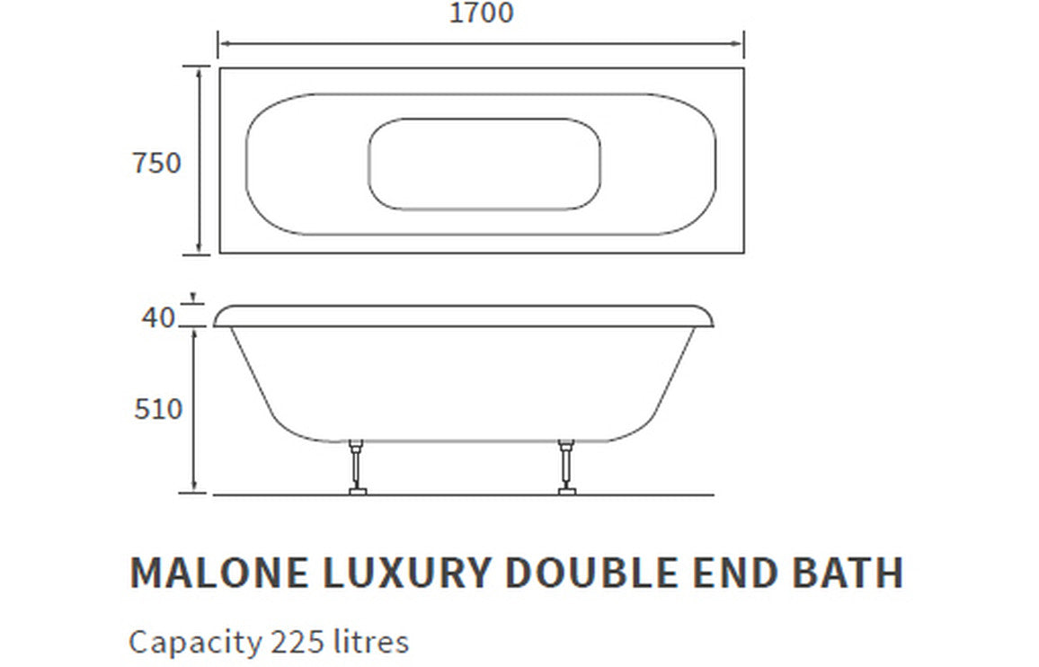 Marley Deluxe Square Double Ended 1700x750x550mm 0TH Bath w/Legs
