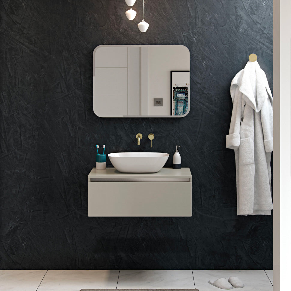 Crambeck - Modern Wall Hung Units, Washbowl, Copper Tap and Mirror Pack - Matt Latte