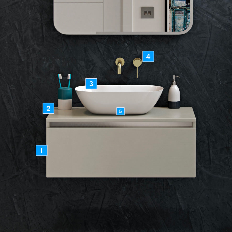 Crambeck - Modern Wall Hung Units, Washbowl, Copper Tap and Mirror Pack - Matt Latte