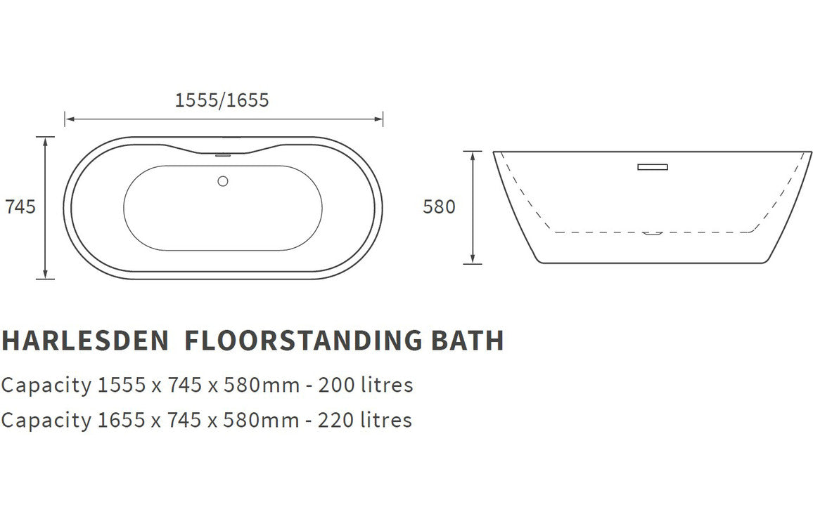 Harley Freestanding 1655x745x580mm 0TH Bath