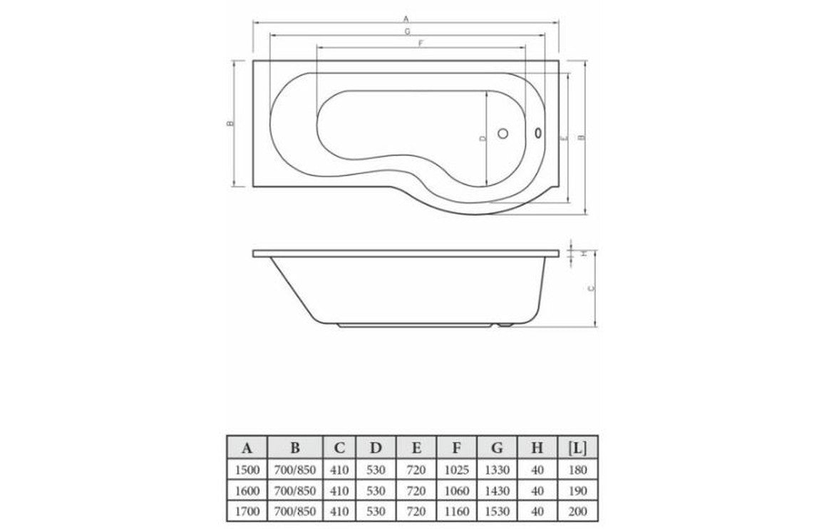 P-Shape 1700x700-850x410mm 0TH Shower Bath  Panel & Screen