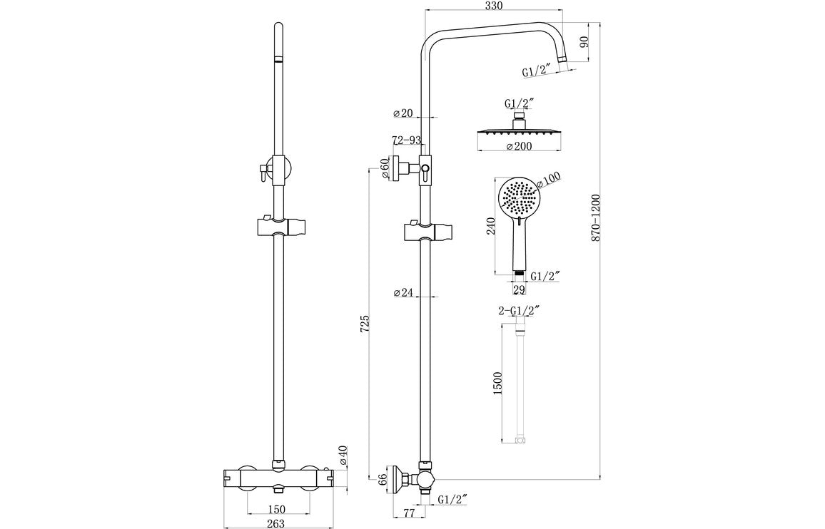 Round Thermostatic Bar Mixer Shower w/Riser Kit