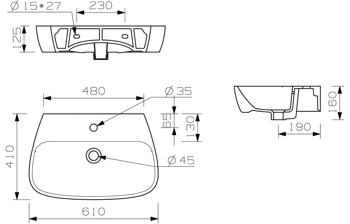 Tamarind 600x400mm 1TH Basin & Full Pedestal