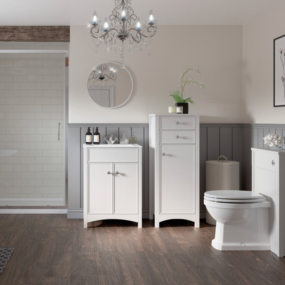 Levisham - Classic Freestanding Basin Unit & Tall Drawers, Basin and Toilet Pack - Satin White Ash