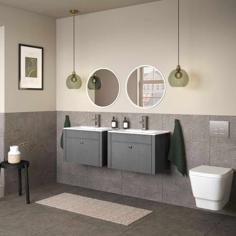 Levisham Dual Wall Hung Basin Units, Modern Wall Hung Toilet & Wall Flushplate - Grey Ash