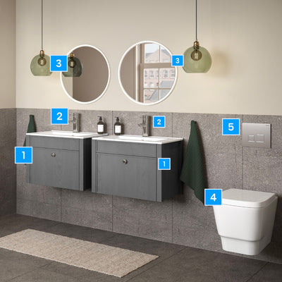 Levisham Dual Wall Hung Basin Units, Modern Wall Hung Toilet & Wall Flushplate - Grey Ash
