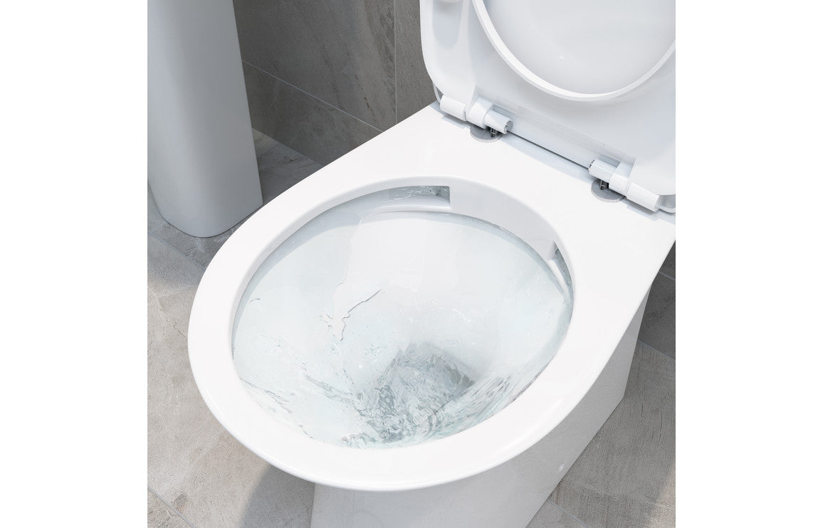 Sago Rimless Close Coupled Open Back WC & Soft Close Seat