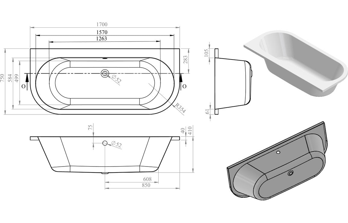 Sani Back To Wall 1700x750x600mm 0TH Bath w/Legs