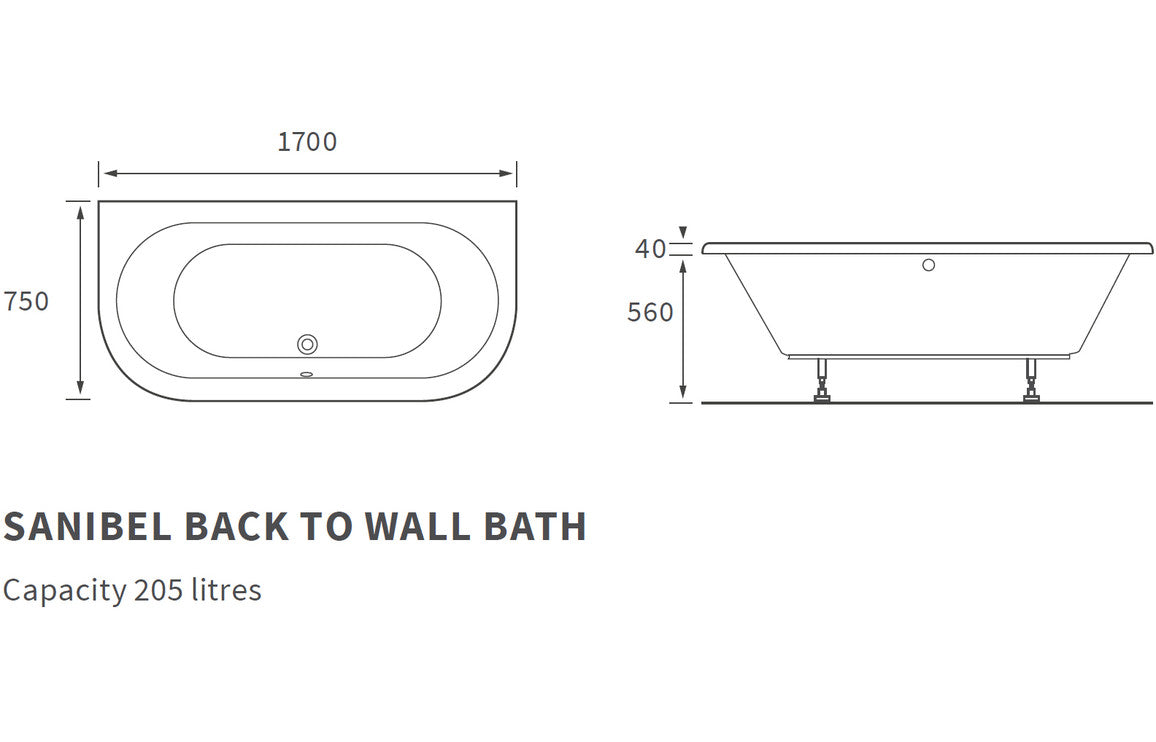 Sani Back To Wall 1700x750x600mm 0TH Bath w/Legs