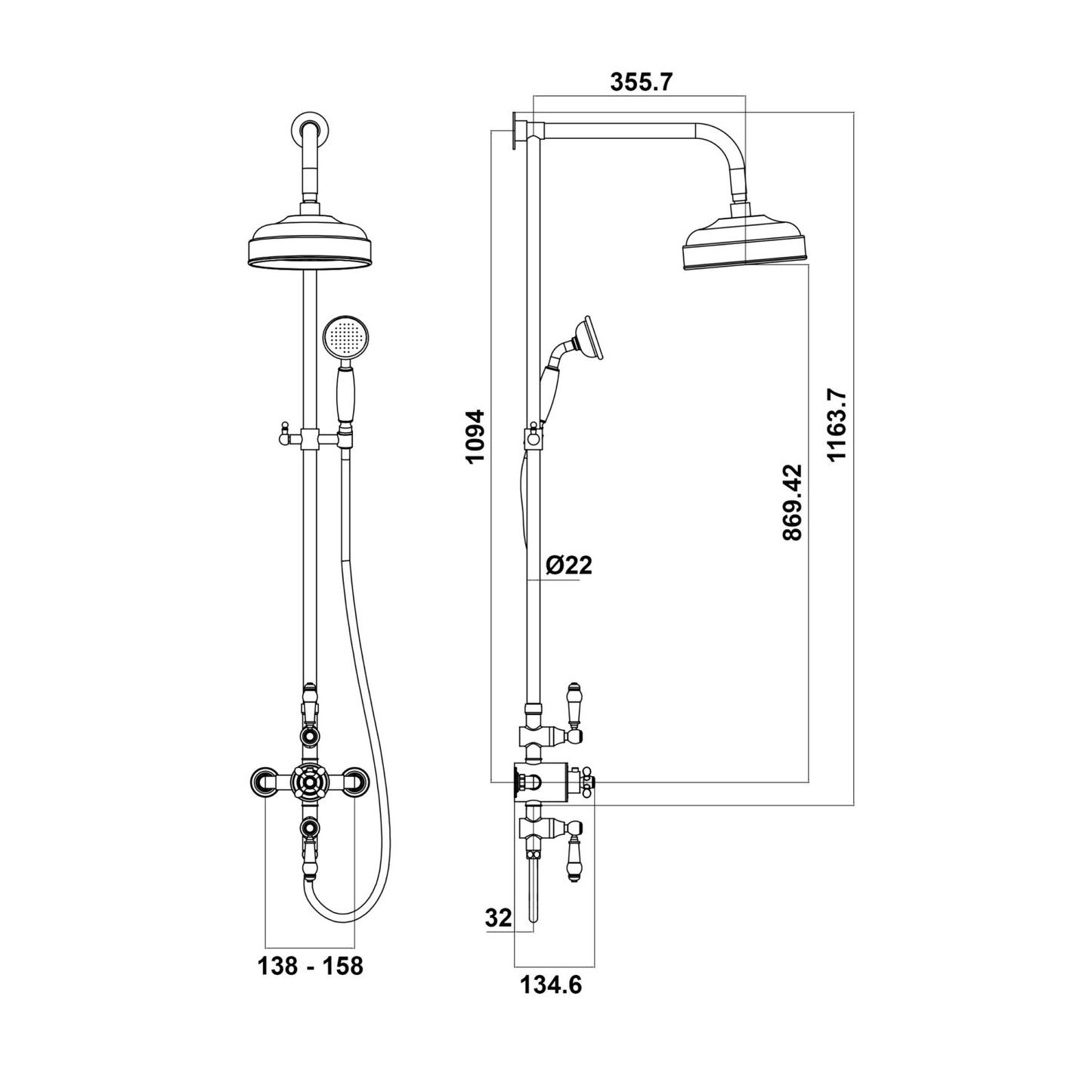 Scudo Traditional Rigid Riser Shower with Fixed Head and Handset