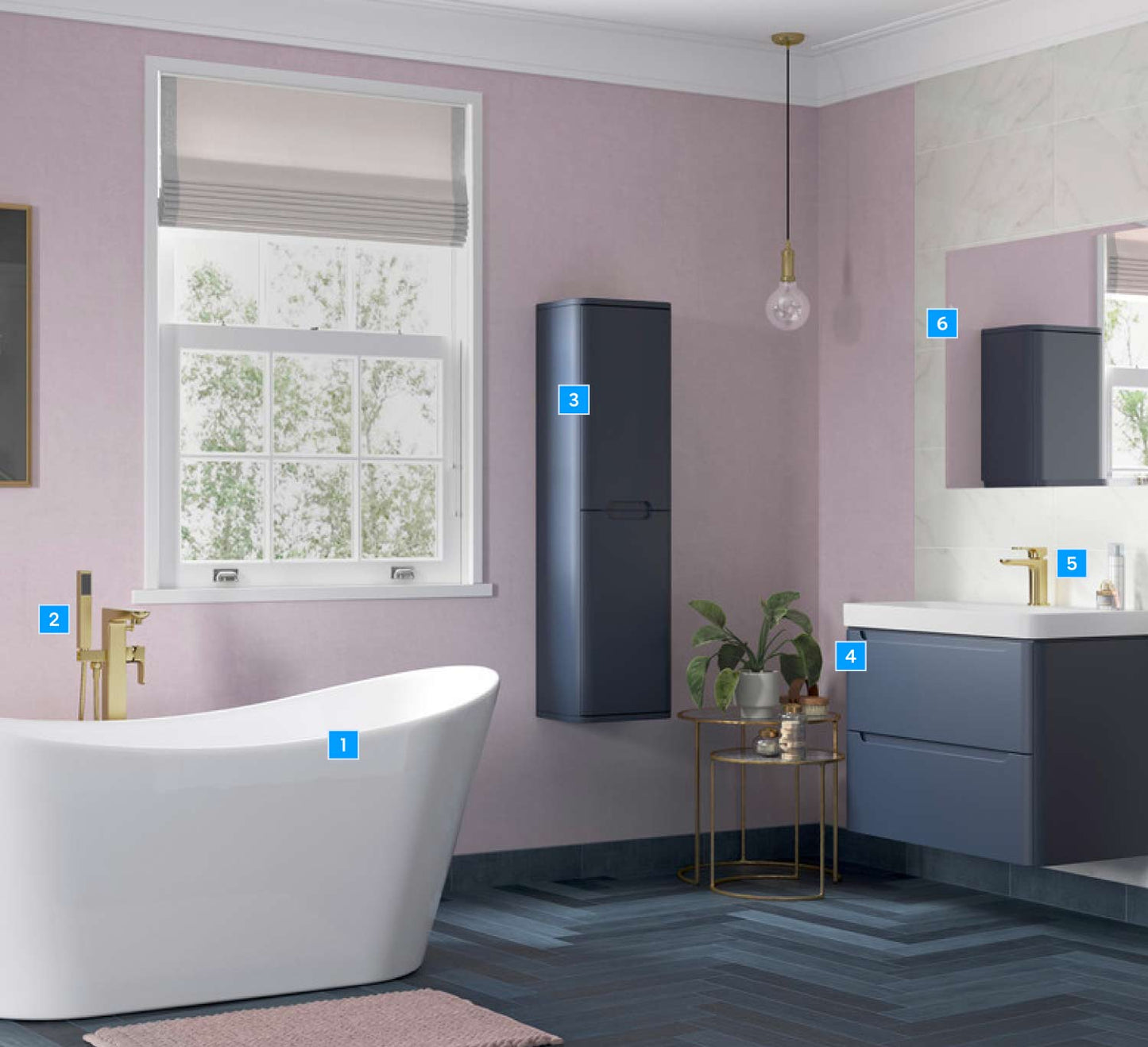 Stamfords Matt Indigo & Brass Freestanding Units, Mirror and Freestanding Bath - Full Suite Pack