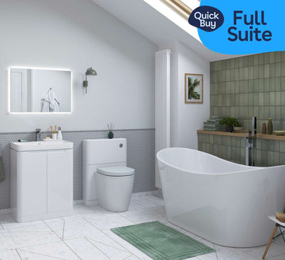 Stamfords White Gloss & Chrome Freestanding Units, Mirror, Freestanding Bath & Radiator - Full Suite Pack