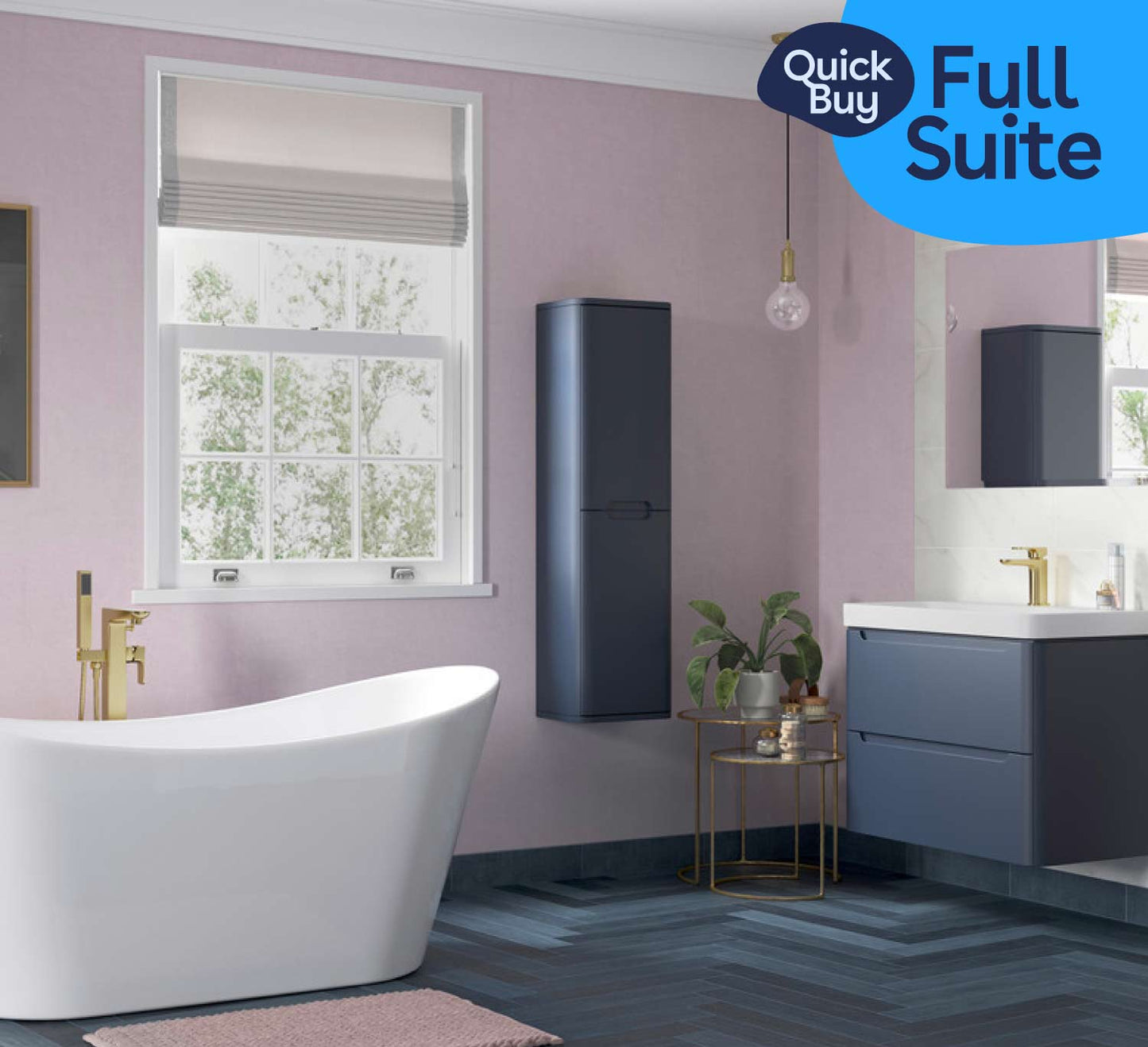 Stamfords Matt Indigo & Brass Freestanding Units, Mirror and Freestanding Bath - Full Suite Pack